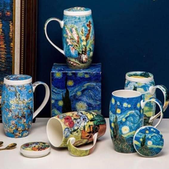  Bộ 5 cốc cao Vangogh có nắp kèm thìa inox 304 