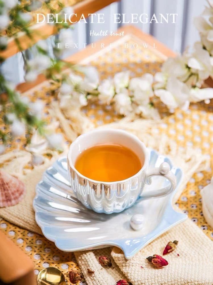 Bộ 2 tách, 2 đĩa và 2 thìa cà phê ngọc trai