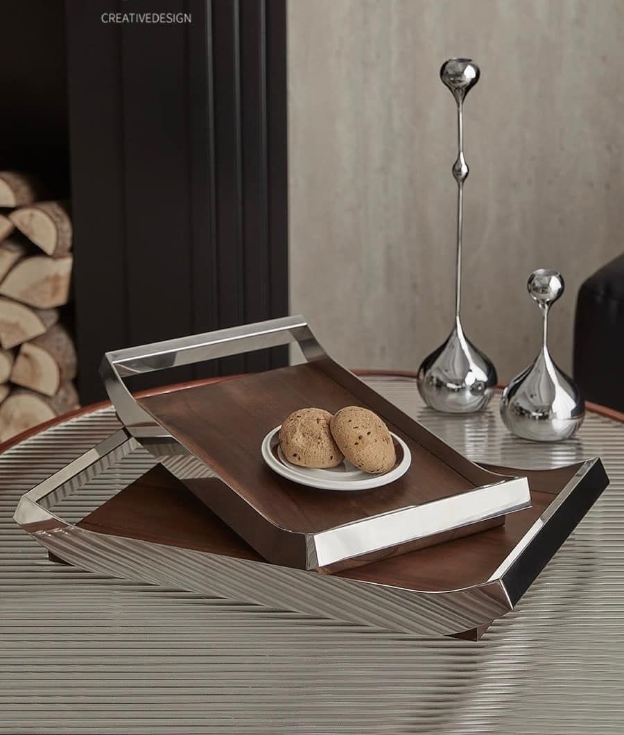 Khay gỗ nâu tay cầm Inox Creative Design
