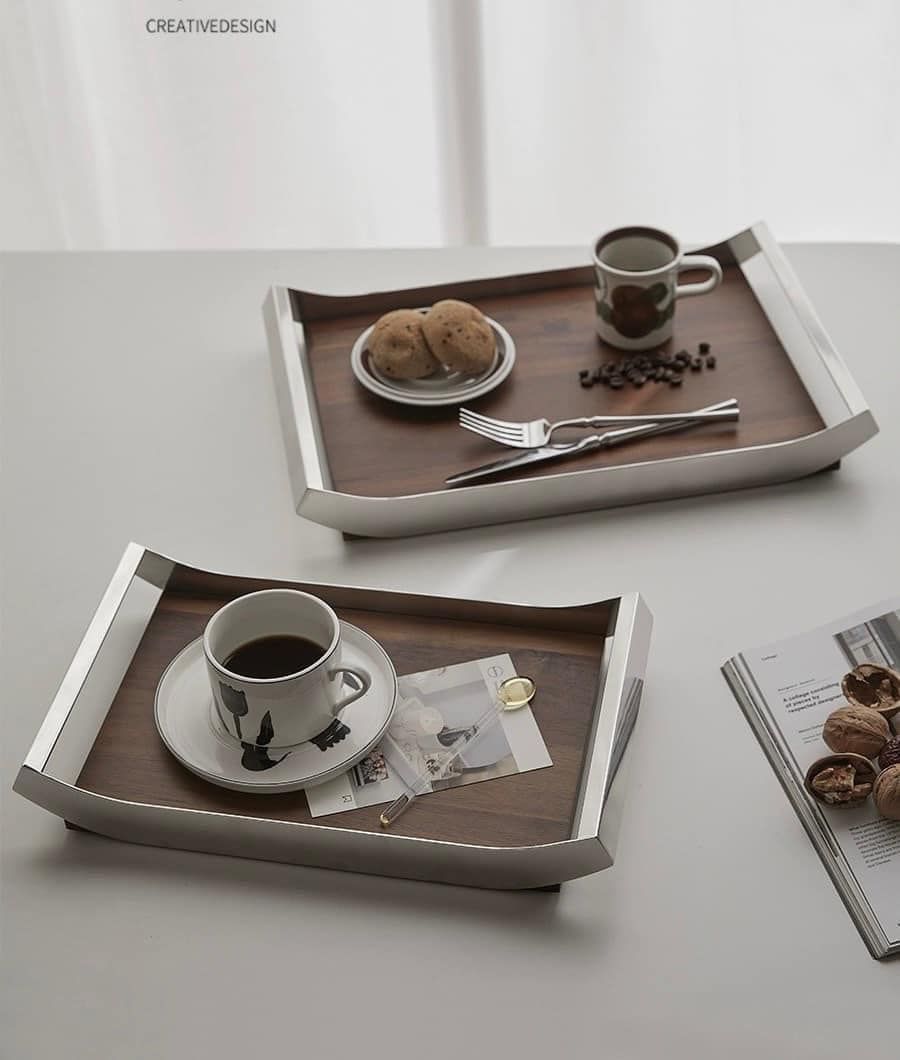 Khay gỗ nâu tay cầm Inox Creative Design