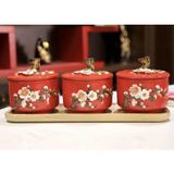 Bộ 3 thố vẽ vàng thật 24K kèm khay gỗ