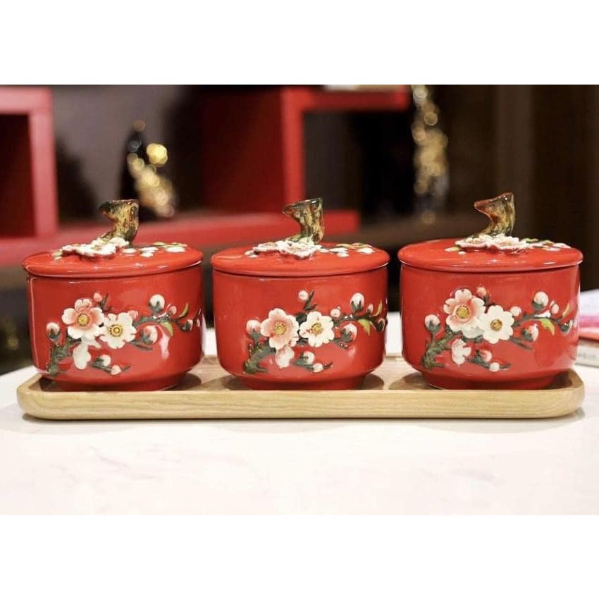 Bộ 3 thố vẽ vàng thật 24K kèm khay gỗ