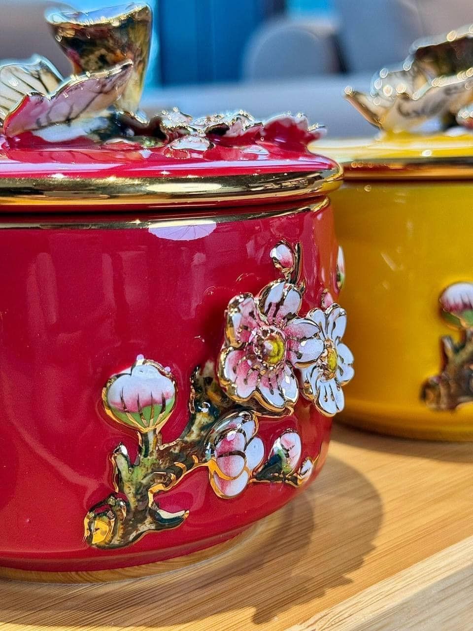 Bộ 3 thố vẽ vàng thật 24K kèm khay gỗ