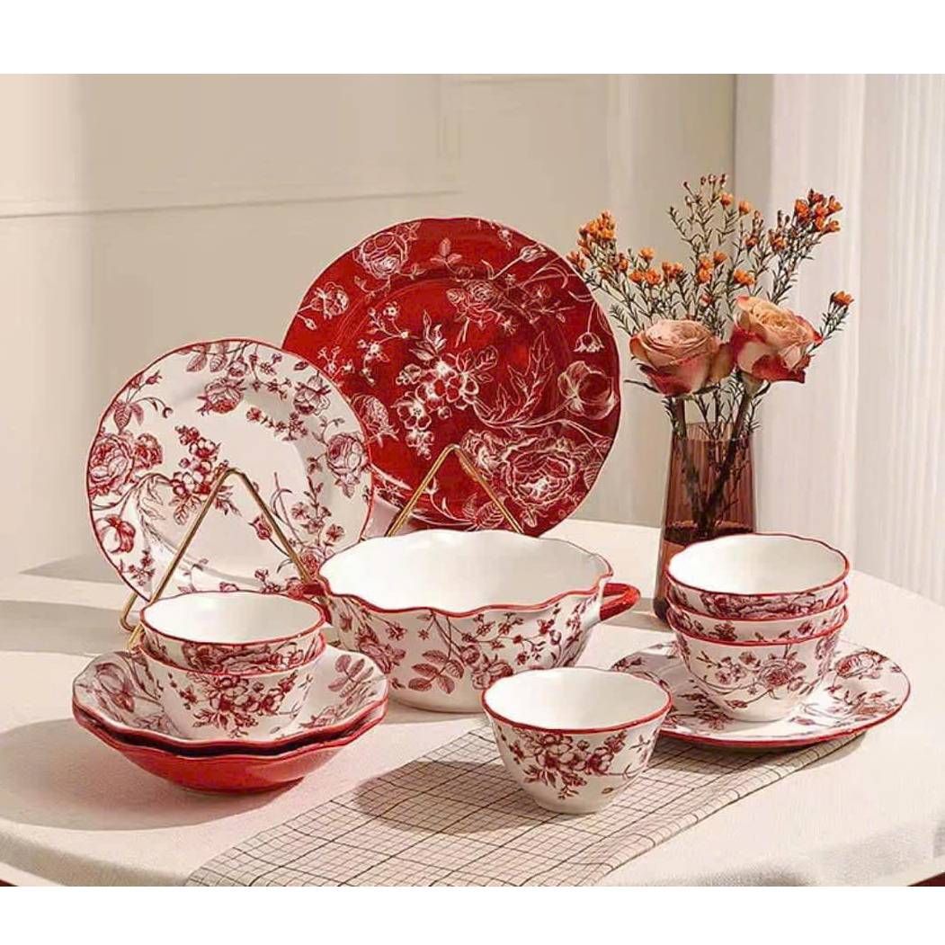Bộ đồ ăn gốm sứ hoa hồng đỏ 12 món