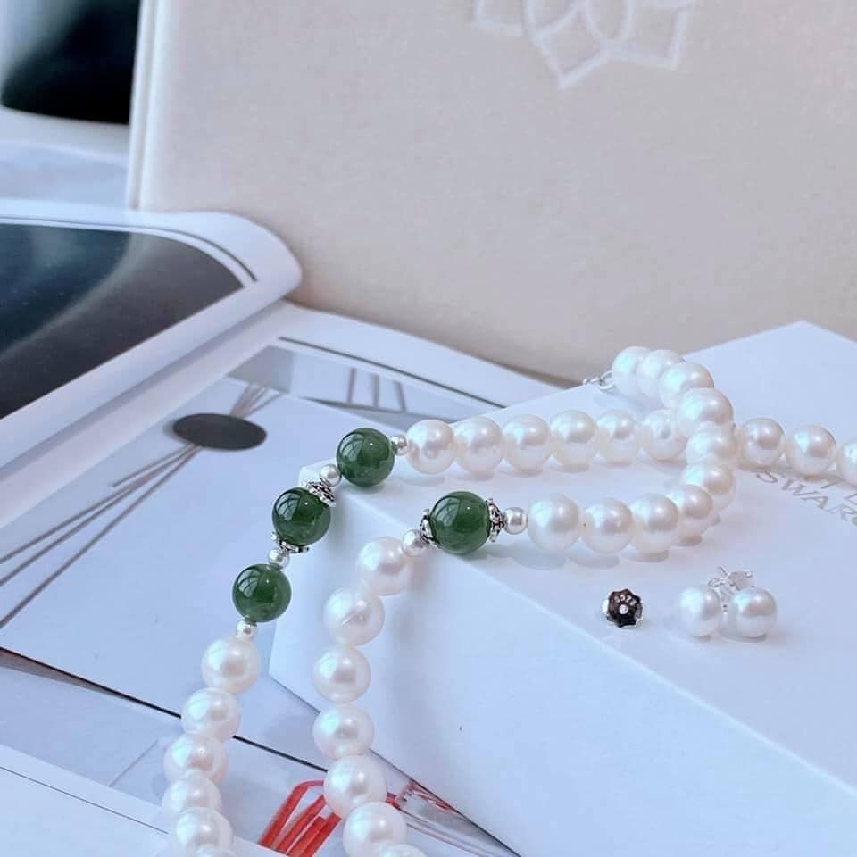 Bộ ngọc trai kết hợp đá ngọc bích