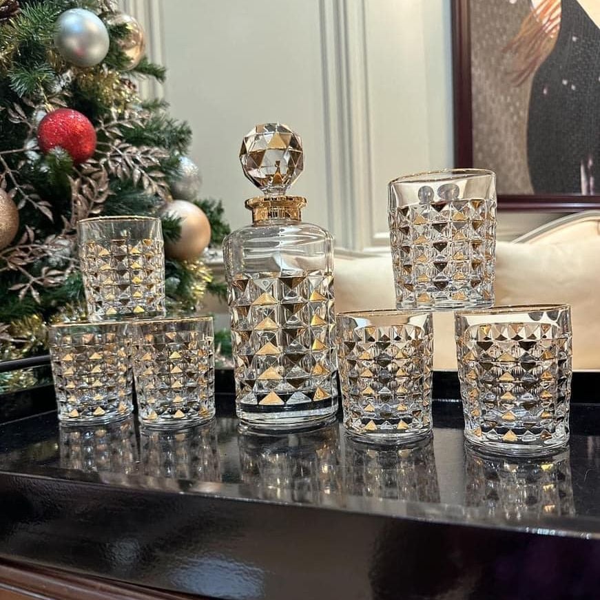 Bộ bình rượu Bohemia Diamond mạ vàng 24k mới 2023