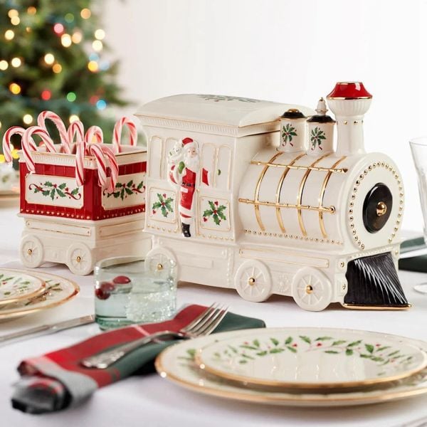 Thố kẹo hình đoàn tàu Lenox Holiday Figural Train Buffet Caddy vàng 24K