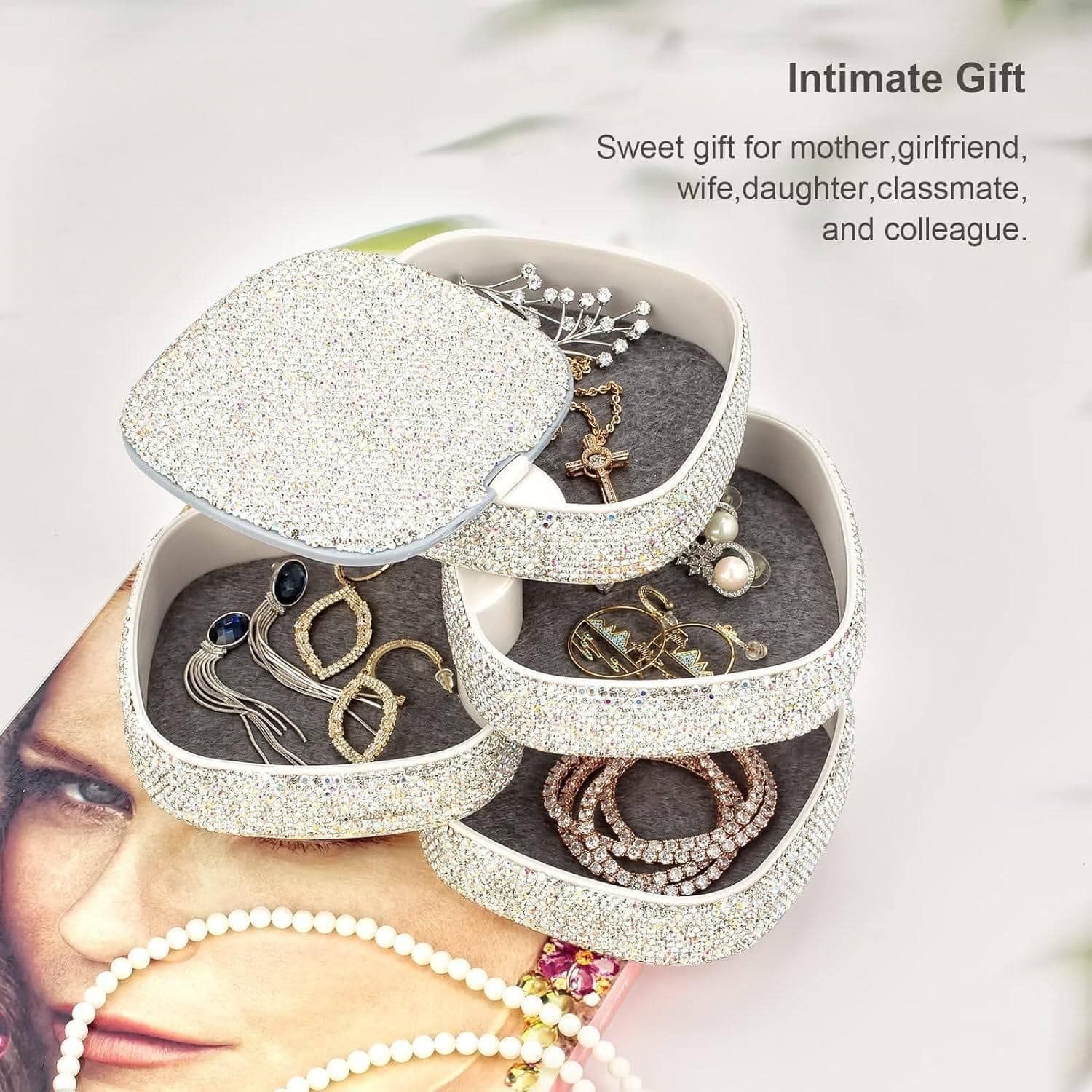 Hộp đựng trang sức phủ vân diamond xoay 4 lớp cao cấp