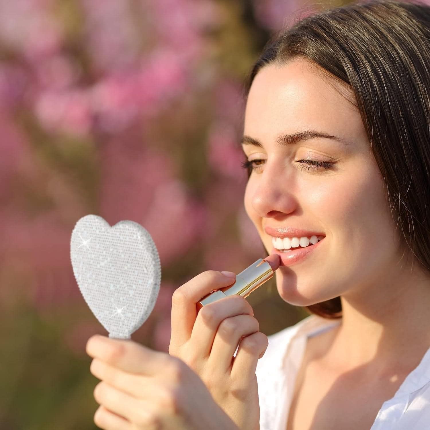 Bộ 2 gương trang điểm cầm tay pha lê hình trái tim lấp lánh