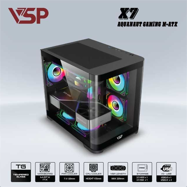 Vỏ case máy tính VSP Aquanaut Pro M-ATX X7-Đen