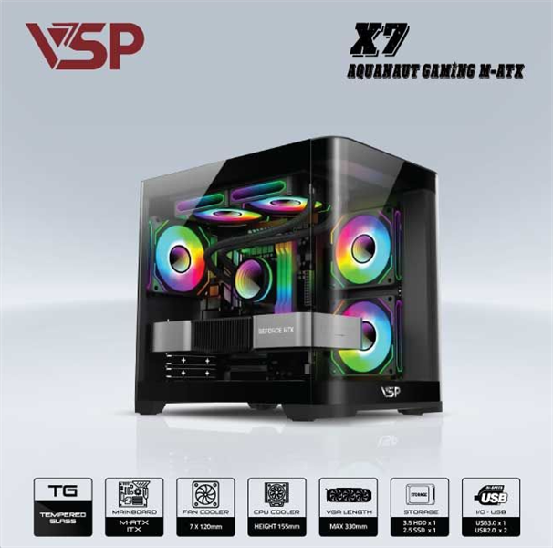 Vỏ case máy tính VSP Aquanaut Pro M-ATX X7-Đen