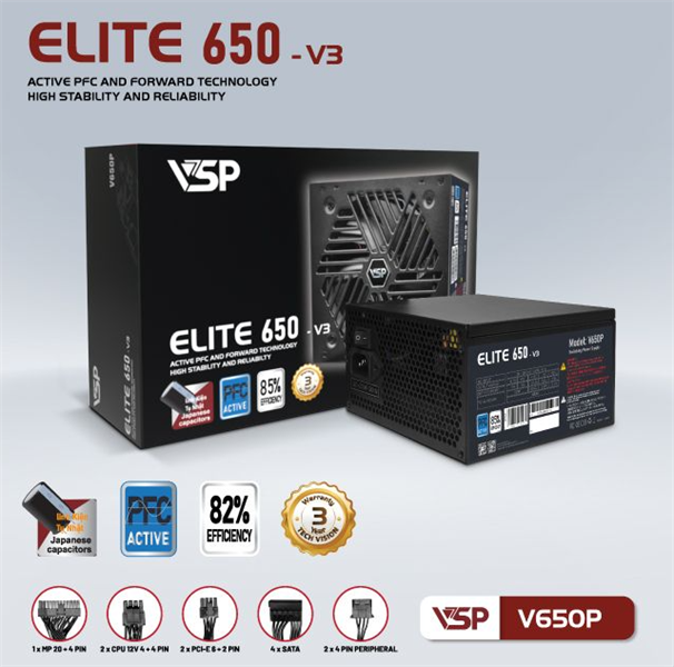 Nguồn VSP Elite V650P-V3 650W - Bh 24 tháng