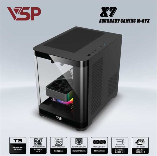 Vỏ case máy tính VSP Aquanaut Pro M-ATX X7-Đen
