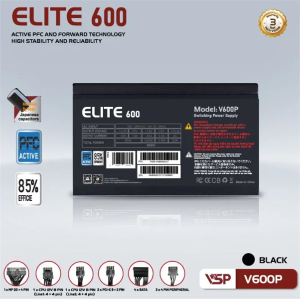 Nguồn VSP Elite V600P 600W - Bh 24 tháng