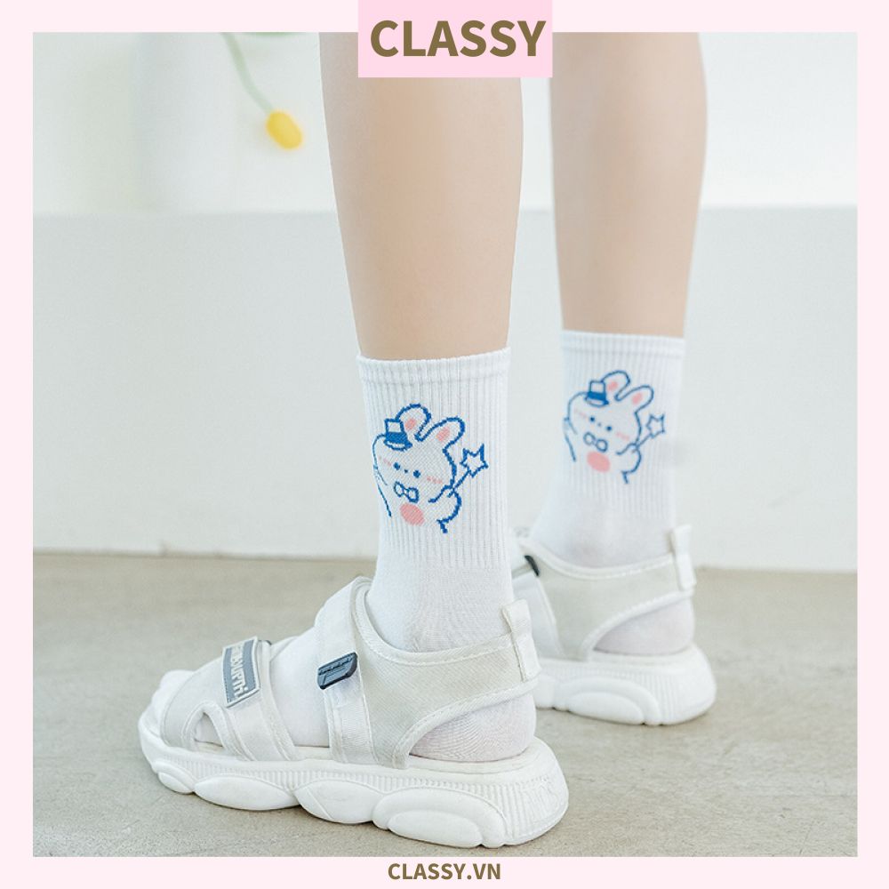  Classy Tất trắng cổ cao chất liệu cotton, họa tiết ngẫu nhiên G1429 