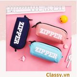  Túi đựng bút , đựng mỹ phẩm cỡ lớn chất liệu canvas siêu bền, màu xanh navy in chữ zipper độc đáo cá tính 