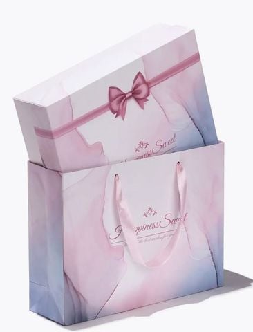  Q900 Xé lẻ Túi giấy hoặc Hộp quà tự gấp kích thước 28x21x8CM in hình nơ màu tím, quà tặng lễ tết sinh nhật xinh xắn 