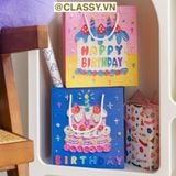  Túi giấy đựng quà sinh nhật in chữ Happy Birthday dây quai dù in hoạ tiết tranh sơn dầu màu xanh, hồng PK1872 