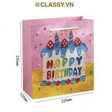  Túi giấy đựng quà sinh nhật in chữ Happy Birthday dây quai dù in hoạ tiết tranh sơn dầu màu xanh, hồng PK1872 