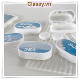  Khay đựng 01 cặp kính áp tròng, khay lens hình bầu trời và tuyết màu xanh, có gương soi PK658 