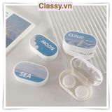  Khay đựng 01 cặp kính áp tròng, khay lens hình bầu trời và tuyết màu xanh, có gương soi PK658 