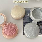  PK923 Lược Mini Có Thể Gấp Gọn , Lược massage bằng đá cẩm thạch, kèm gương gấp di động, mát xa tóc mượt 