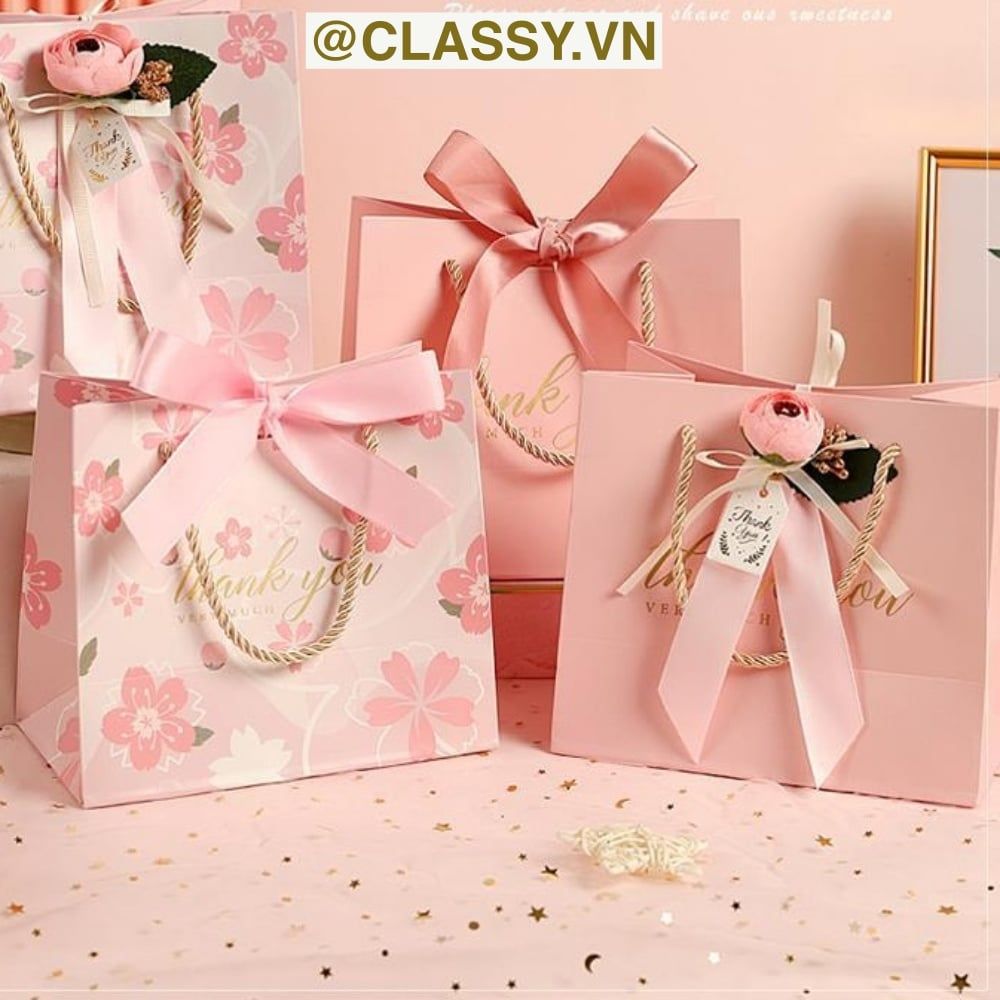  Túi giấy Thank You đính hoa sang trọng, dùng làm quà tặng sinh nhật, valetine, kỷ niệm Q1347 