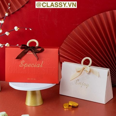  [GIAO HÀNG 7-25 NGÀY] COMBO 20 TÚI Q756 Kích thước 22*7.5*14 CM - Hộp giấy đựng quà tặng hình chữ nhật, họa tiết tối giản, có gắn quai cầm hình tròn và ruy băng 