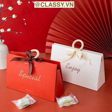  [GIAO HÀNG 7-25 NGÀY]  Q756 Kích thước 22*7.5*14 CM - Hộp giấy đựng quà tặng hình chữ nhật, họa tiết tối giản, có gắn quai cầm hình tròn và ruy băng 