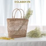  Túi cói làn cói mắt cáo trơn đi biển có nơ, kiểu dáng Vintage, đan thủ công bởi thợ Việt Nam T328 