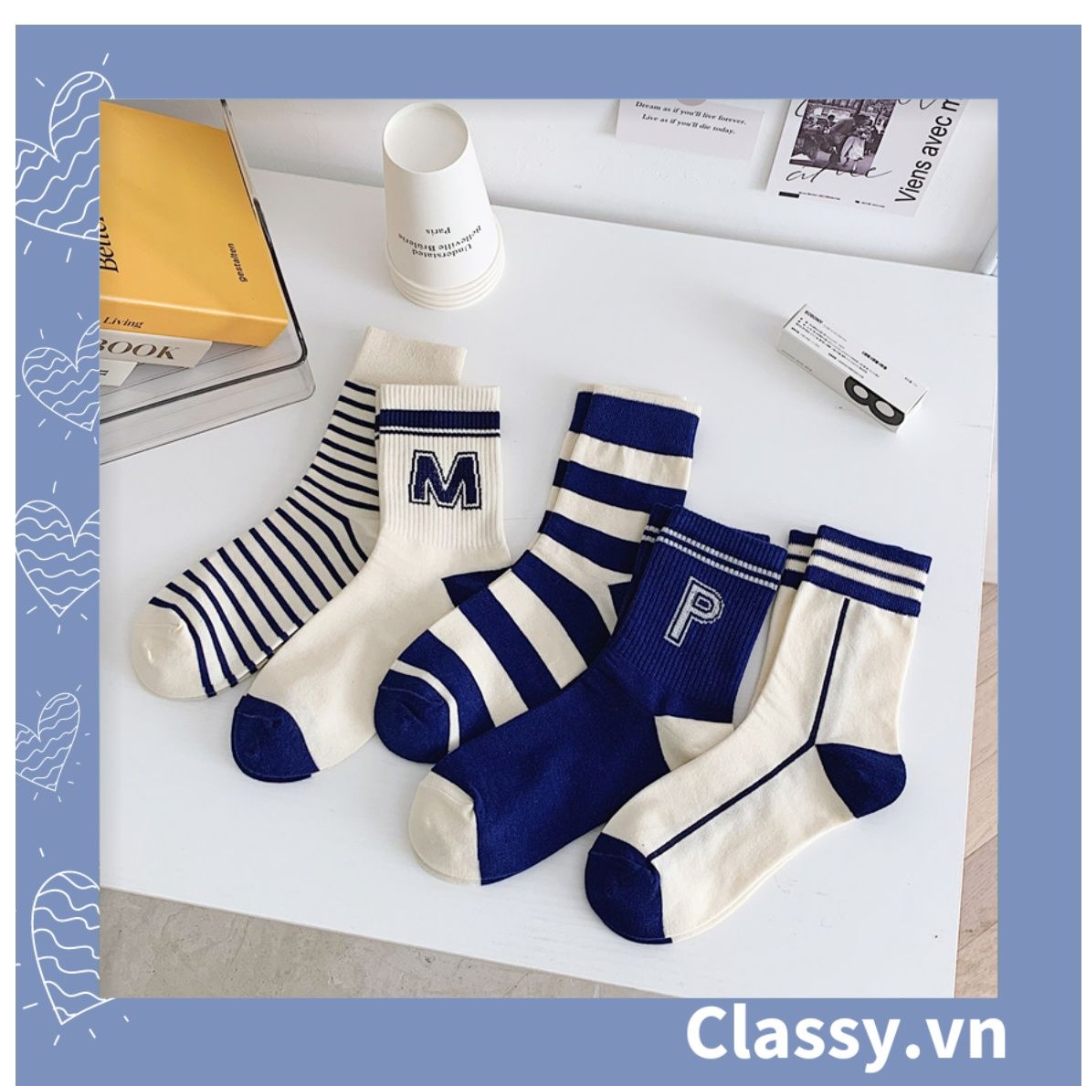  Classy Tất cổ cao, vớ cổ cao màu xanh họa tiết vui nhộn, chất cotton siêu êm G1346 