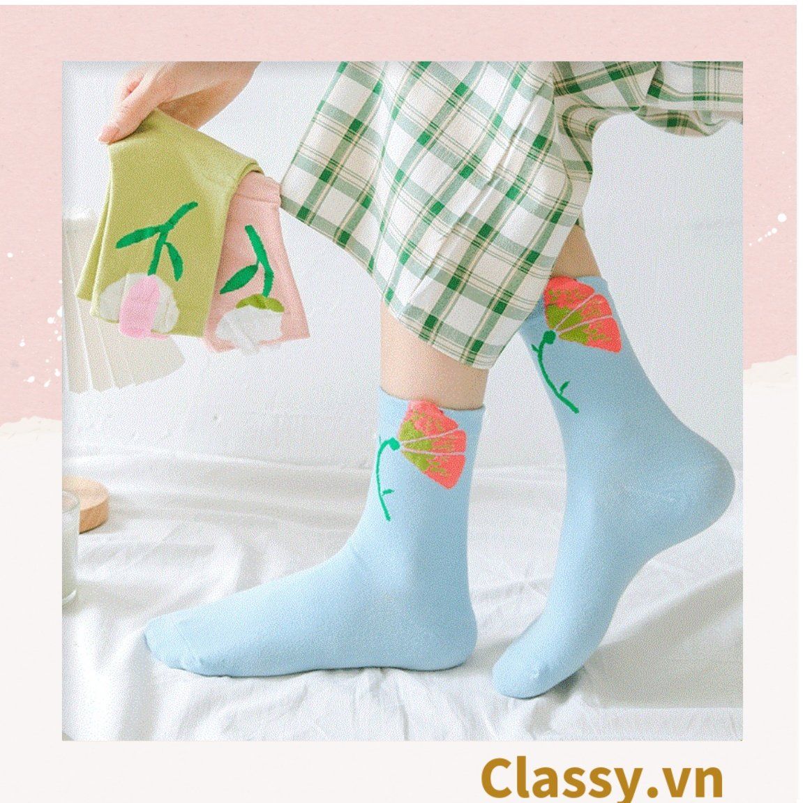  Classy Tất cổ cao, vớ cổ cao hoa tulip, chất cotton siêu êm G1347 