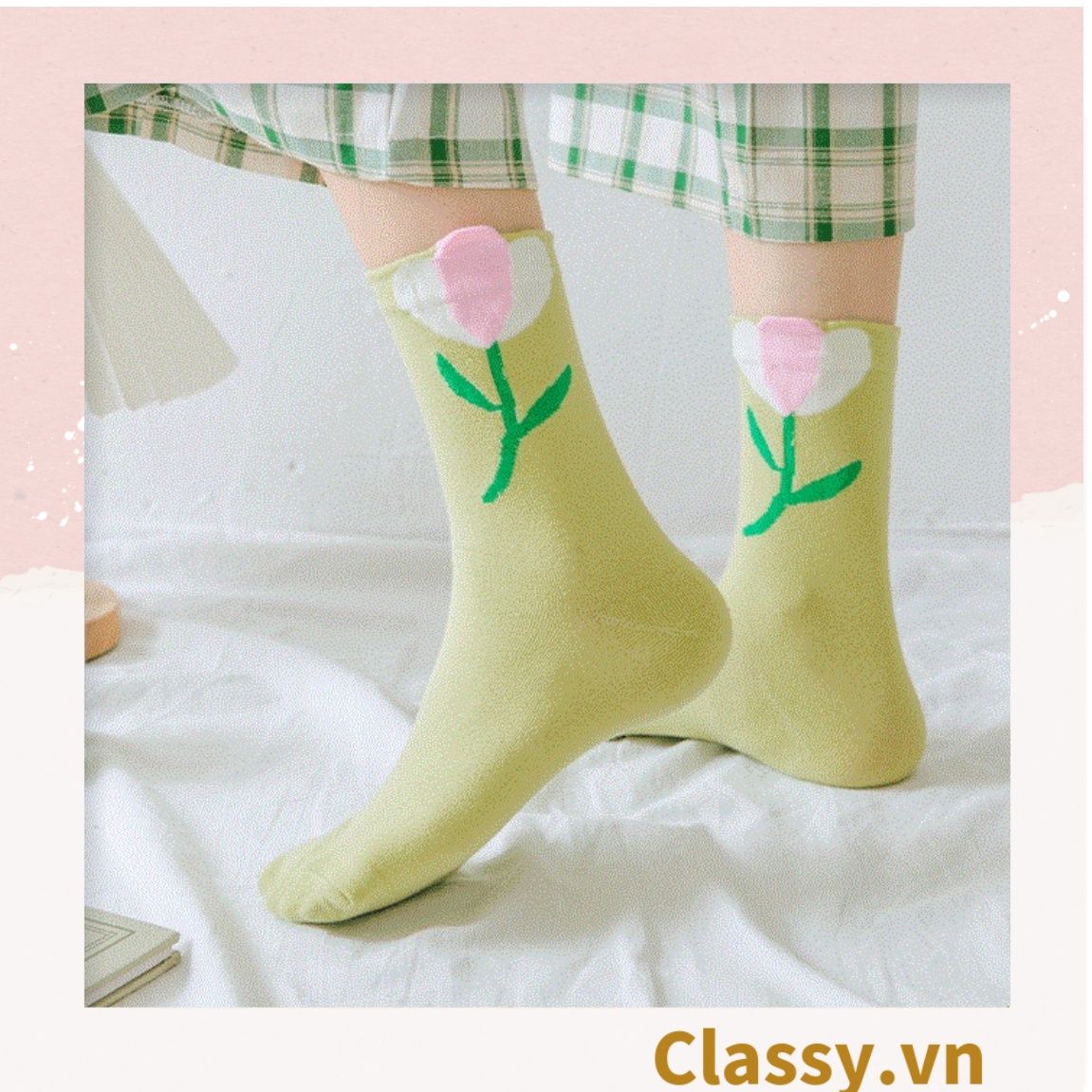  Classy Tất cổ cao, vớ cổ cao hoa tulip, chất cotton siêu êm G1347 