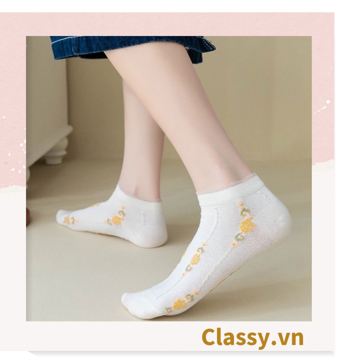  [GIAO HÀNG 7-25 NGÀY]  Classy Tất cổ thấp, vớ cổ thấp màu kem họa tiết hoa ngẫu nhiên G1362 