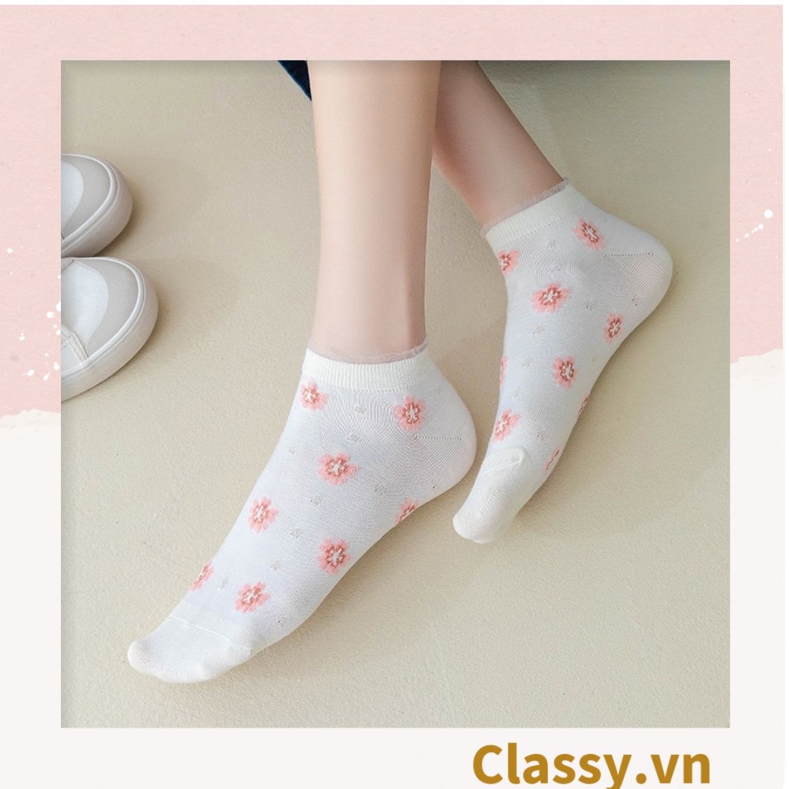  [GIAO HÀNG 7-25 NGÀY]  Classy Tất cổ thấp, vớ cổ thấp màu kem họa tiết hoa ngẫu nhiên G1362 