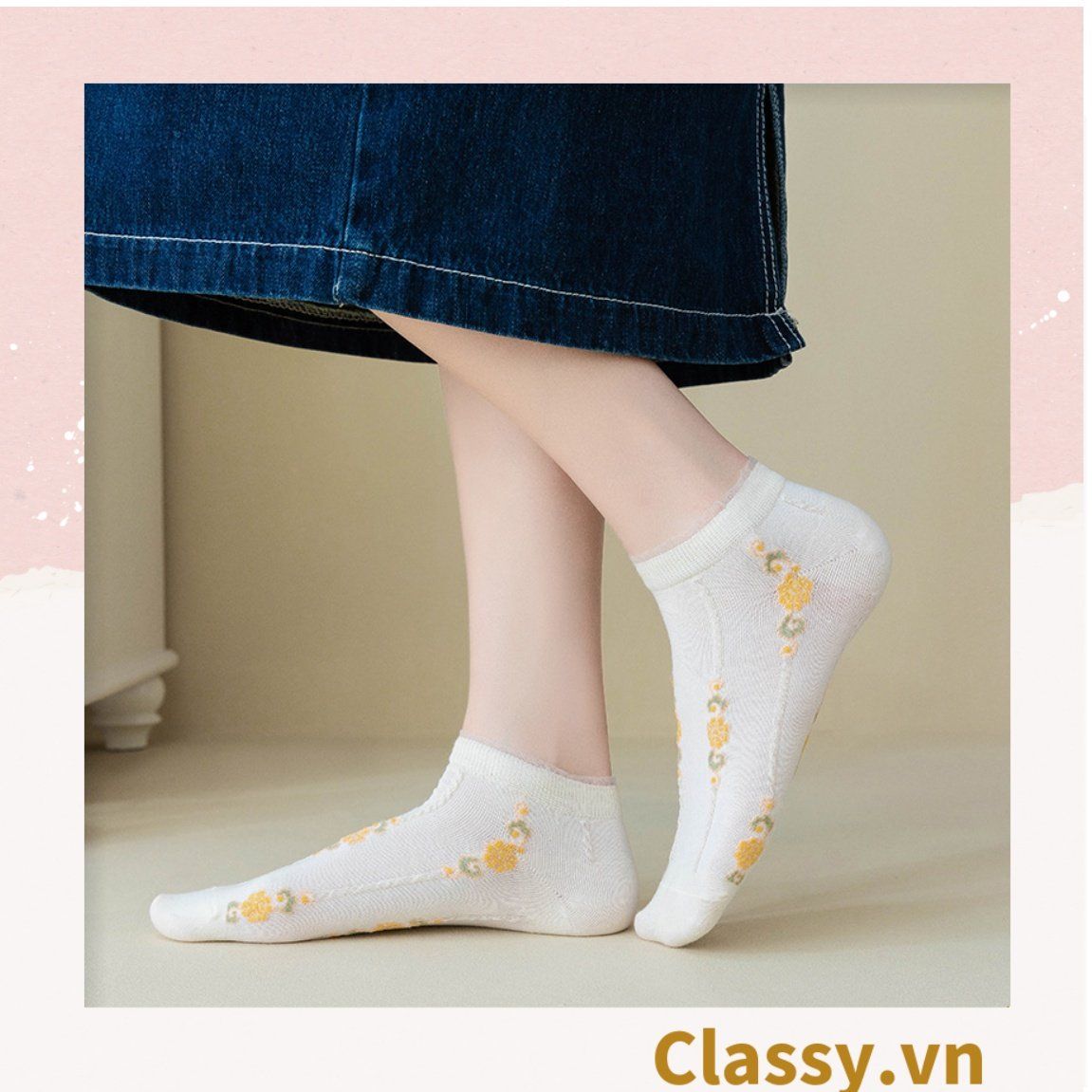  [GIAO HÀNG 7-25 NGÀY]  Classy Tất cổ thấp, vớ cổ thấp màu kem họa tiết hoa ngẫu nhiên G1362 