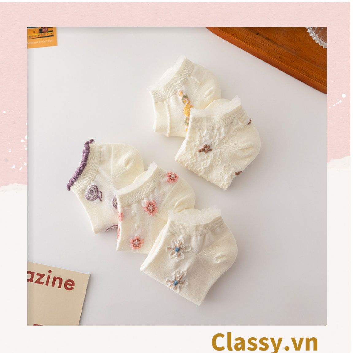  [GIAO HÀNG 7-25 NGÀY]  Classy Tất cổ thấp, vớ cổ thấp màu kem họa tiết hoa ngẫu nhiên G1362 
