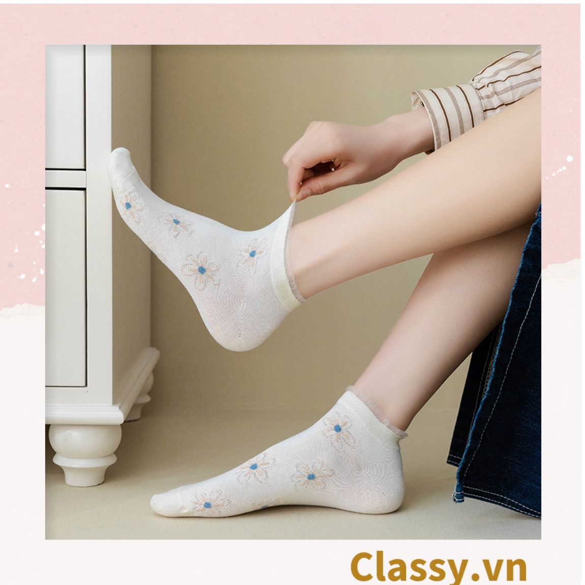  [GIAO HÀNG 7-25 NGÀY]  Classy Tất cổ thấp, vớ cổ thấp màu kem họa tiết hoa ngẫu nhiên G1362 