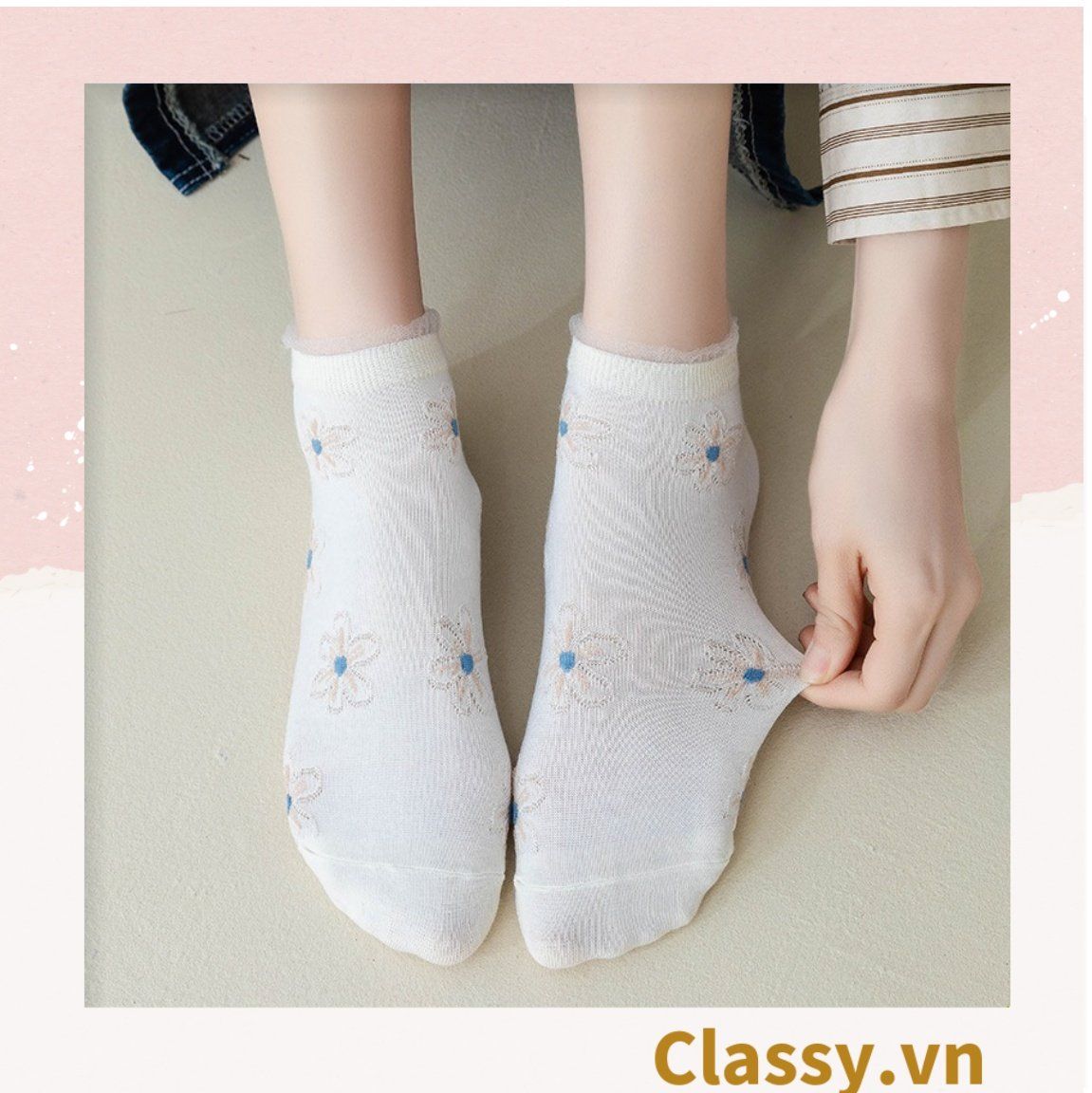  [GIAO HÀNG 7-25 NGÀY]  Classy Tất cổ thấp, vớ cổ thấp màu kem họa tiết hoa ngẫu nhiên G1362 