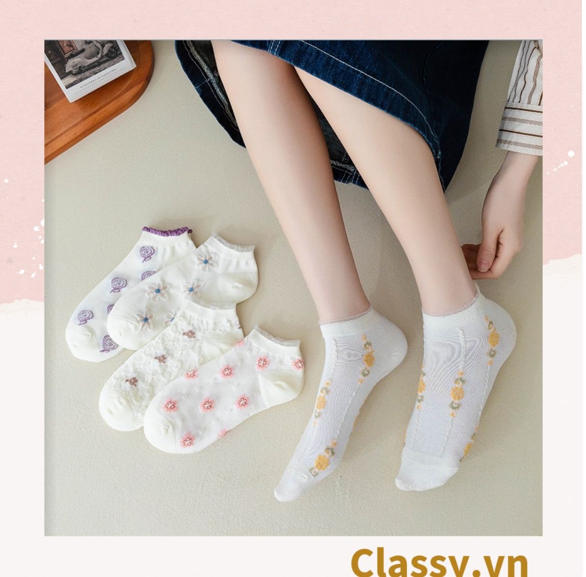  [GIAO HÀNG 7-25 NGÀY]  Classy Tất cổ thấp, vớ cổ thấp màu kem họa tiết hoa ngẫu nhiên G1362 