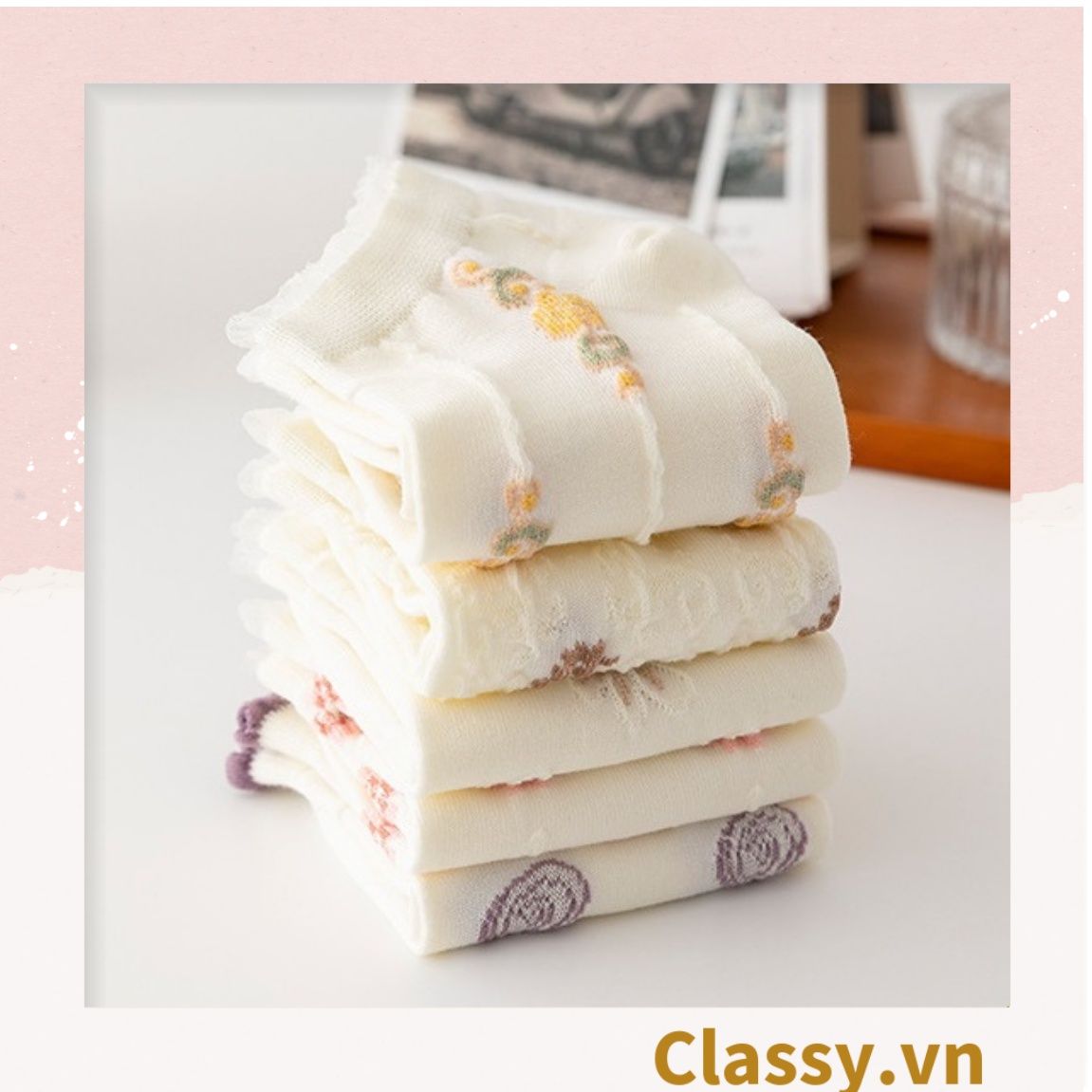  [GIAO HÀNG 7-25 NGÀY]  Classy Tất cổ thấp, vớ cổ thấp màu kem họa tiết hoa ngẫu nhiên G1362 