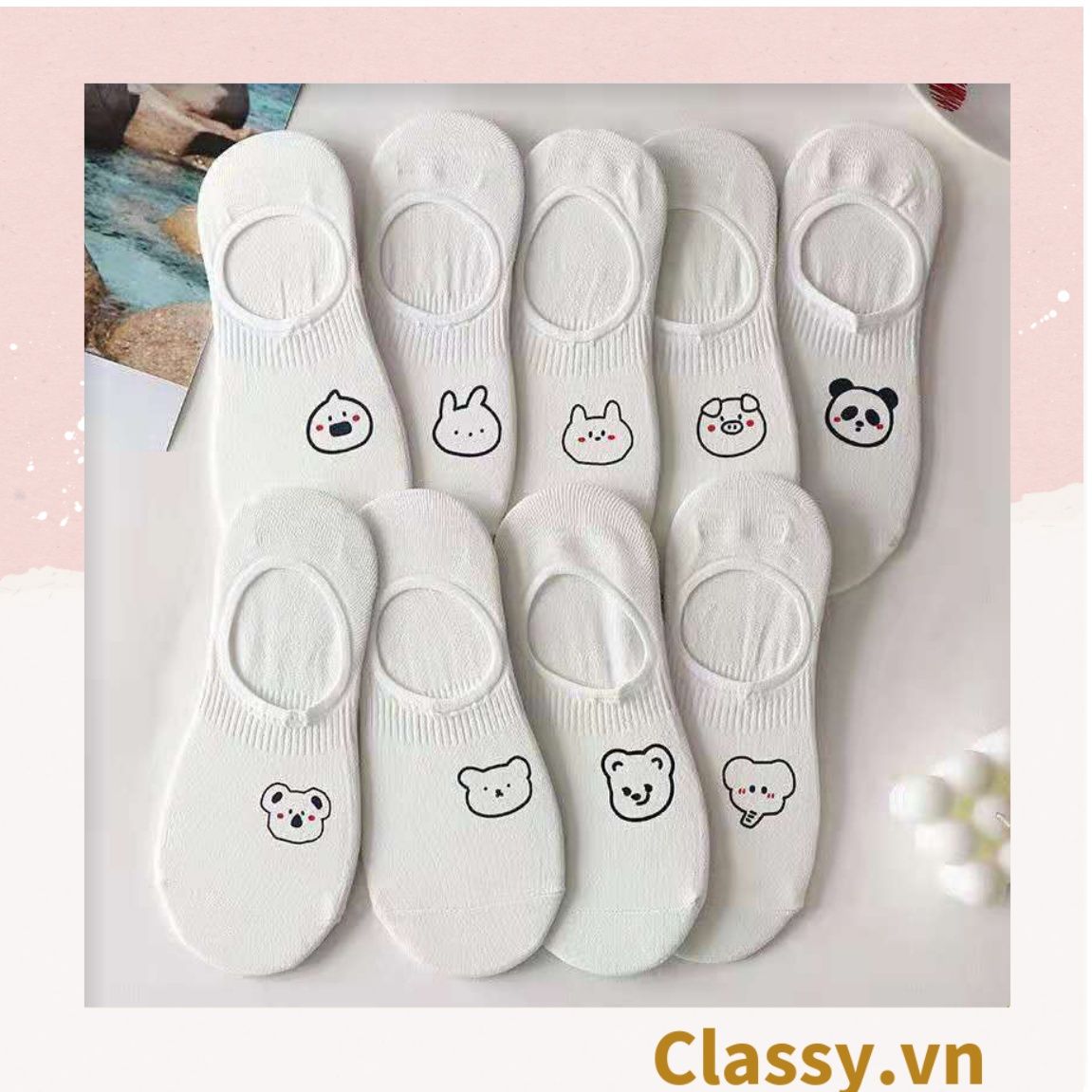  [GIAO HÀNG 7-25 NGÀY]  Classy Tất nữ vớ nữ cotton màu trắng mix họa tiết cute Hàn Quốc G1388 