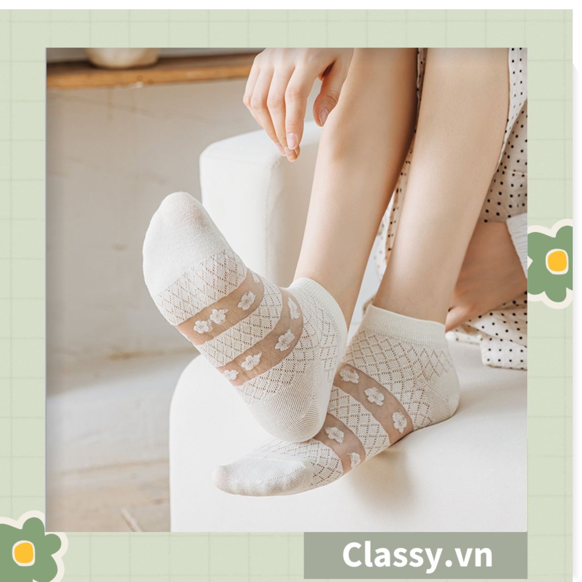  Classy Tất mỏng phối ren mix họa tiết ngẫu nhiên G1389 