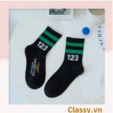  Tất cổ cao, vớ cổ cao trắng đen chất cotton sọc thể thao G1394 