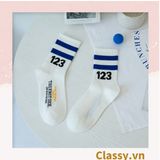  Tất cổ cao, vớ cổ cao trắng đen chất cotton sọc thể thao G1394 
