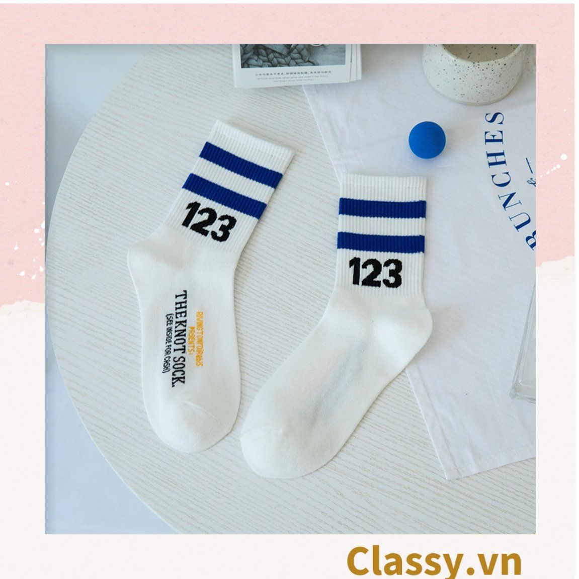  Classy Tất cổ cao, vớ cổ cao trắng đen chất cotton sọc thể thao G1394 