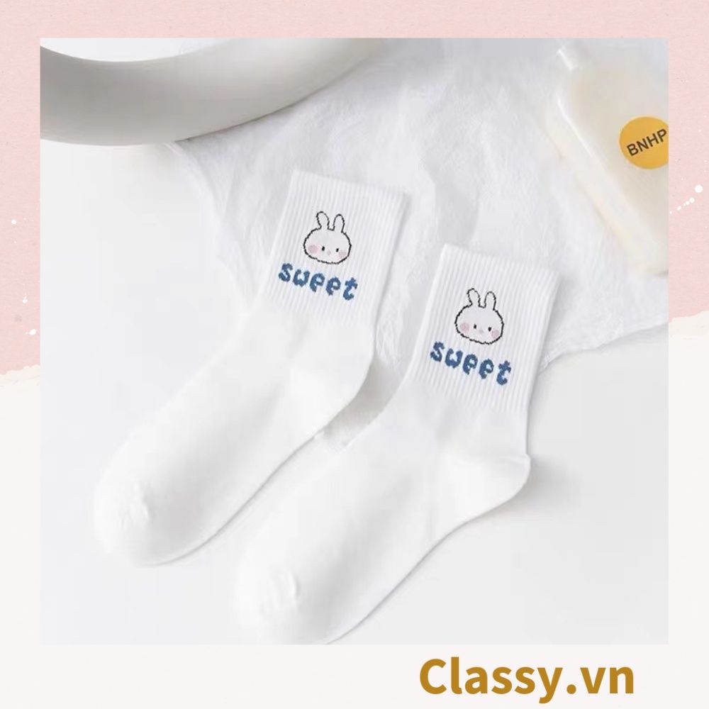  Classy Tất trắng cổ cao chất liệu cotton, họa tiết ngẫu nhiên G1429 