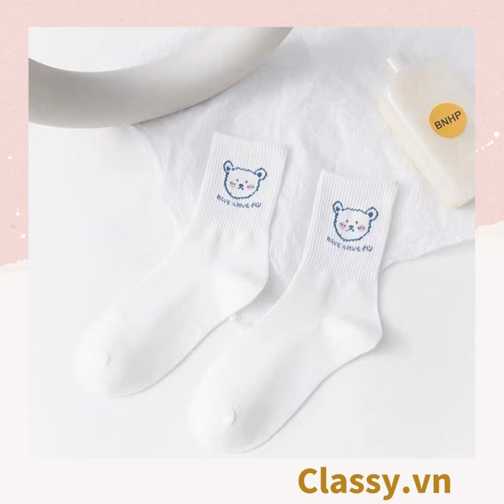  [GIAO HÀNG 7-25 NGÀY] Classy Tất trắng cổ cao chất liệu cotton, họa tiết ngẫu nhiên G1429 