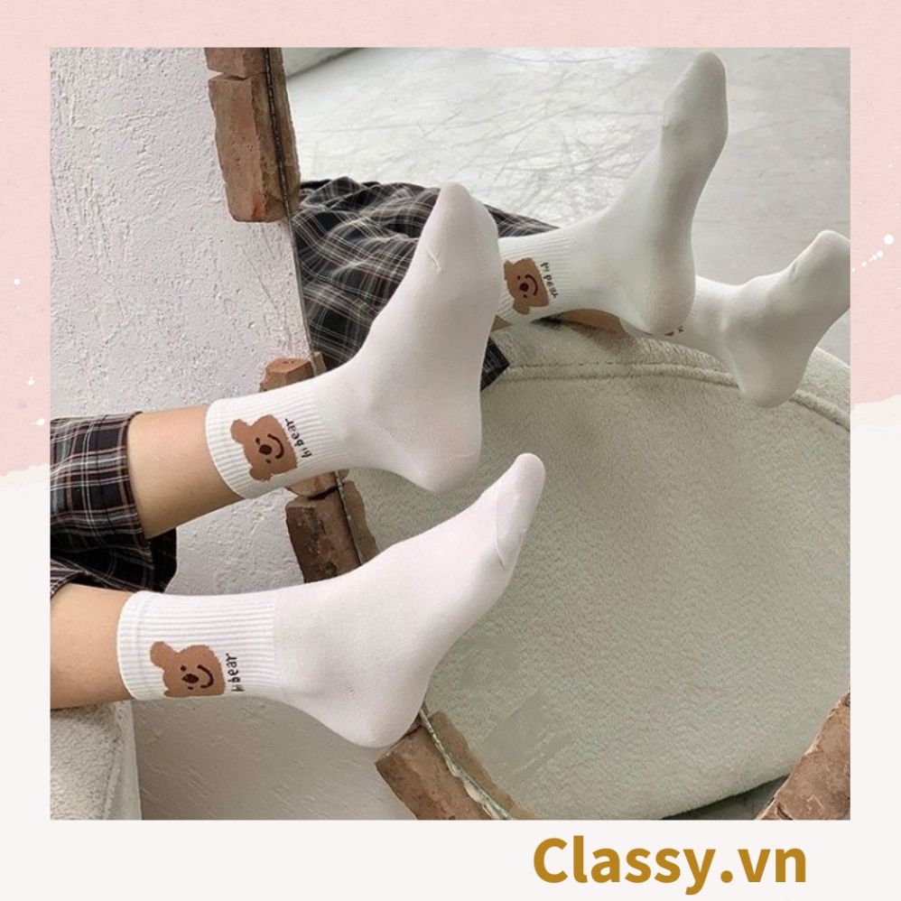  Classy Tất trắng cổ cao chất liệu cotton, họa tiết ngẫu nhiên G1429 