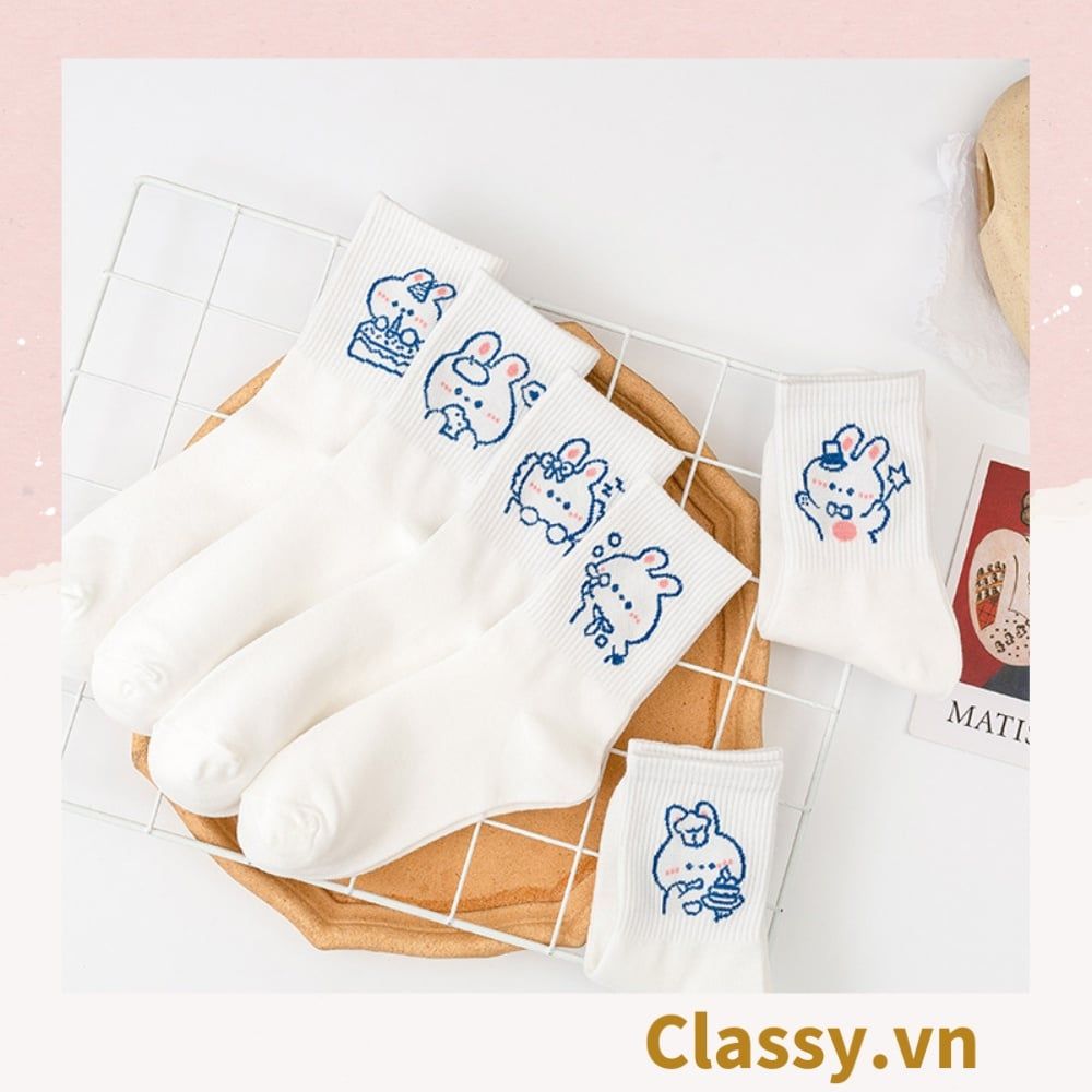  Classy Tất trắng cổ cao chất liệu cotton, họa tiết ngẫu nhiên G1429 